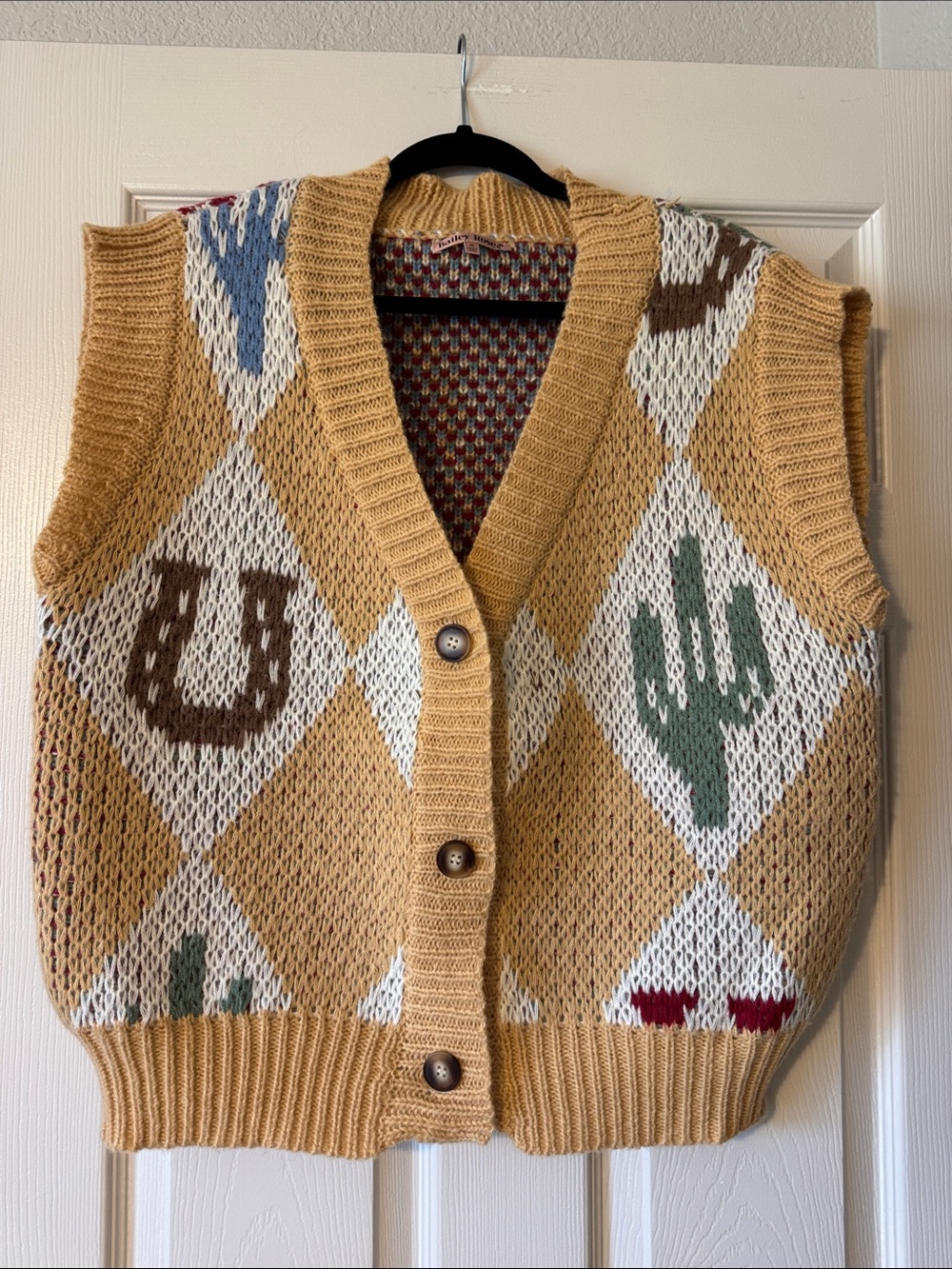 Ladies Mustard Southwestern Knit Button-Front Sweater Vest